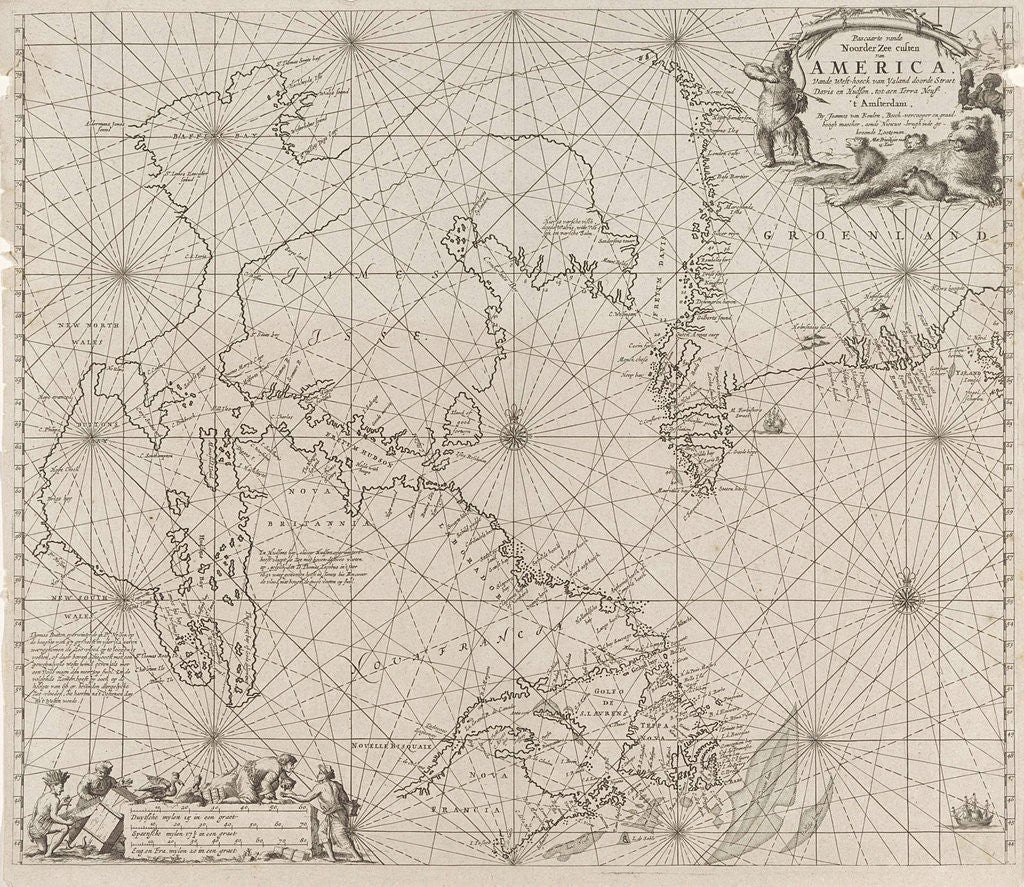 Detail of Sea chart a part of the coast of northern Canada and Greenland, with two compass roses by Jan Luyken