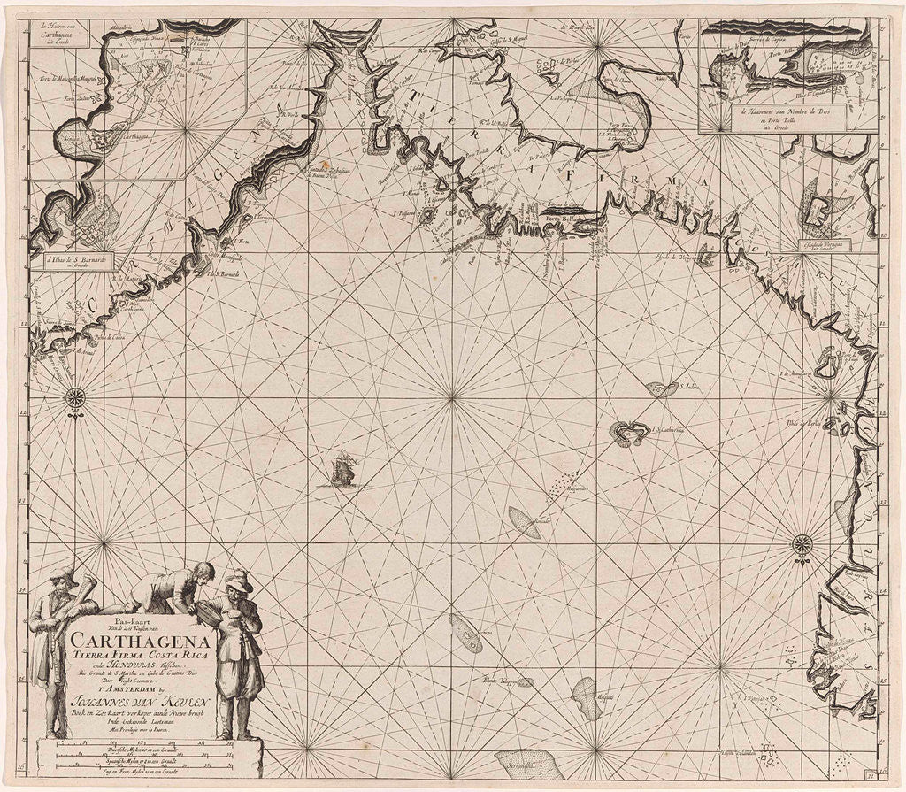 Detail of Sea chart of the coasts of Colombia, Panama, Costa Rica and Honduras, with an inset map of Cartagena by Johannes van Keulen I