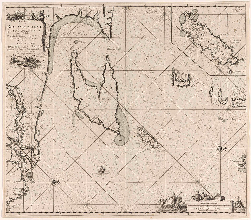 Detail of Sea chart of the Gulf of Paria to the mouth of the Orinoco river, Orinoquia, Venezuela by Johannes van Keulen I