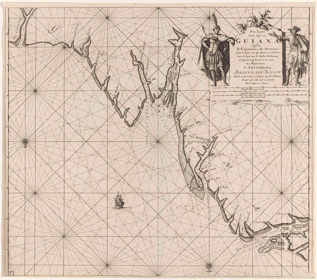 Detail of Sea chart of part of the coast of Suriname and Guyana by Johannes van Keulen I