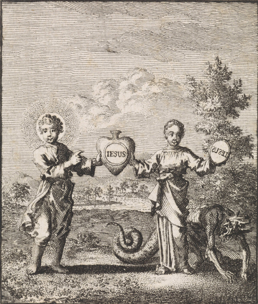 Detail of Christ and the personified soul holding a heart together with the imprint Iesus by Jan Luyken