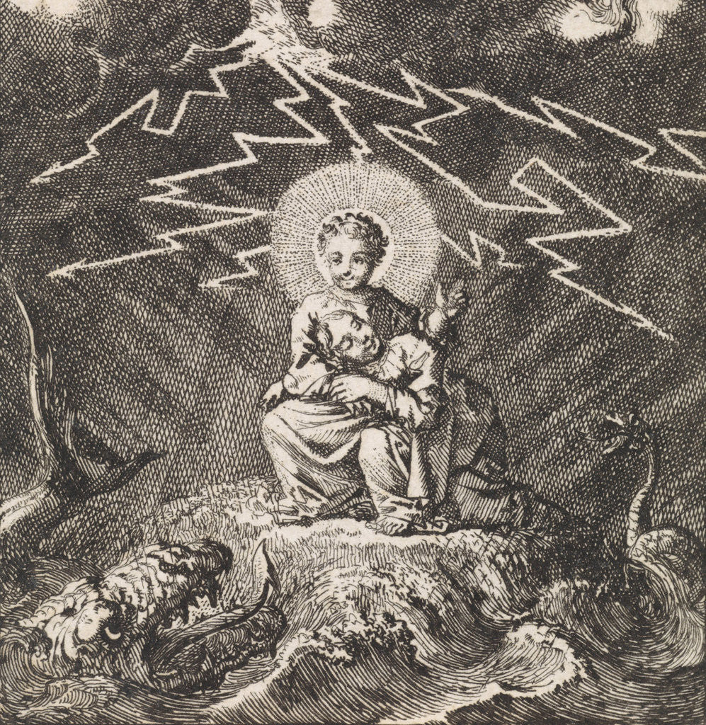 Detail of Personified soul asleep in Christ's lap during storm and tempest by Jan Luyken