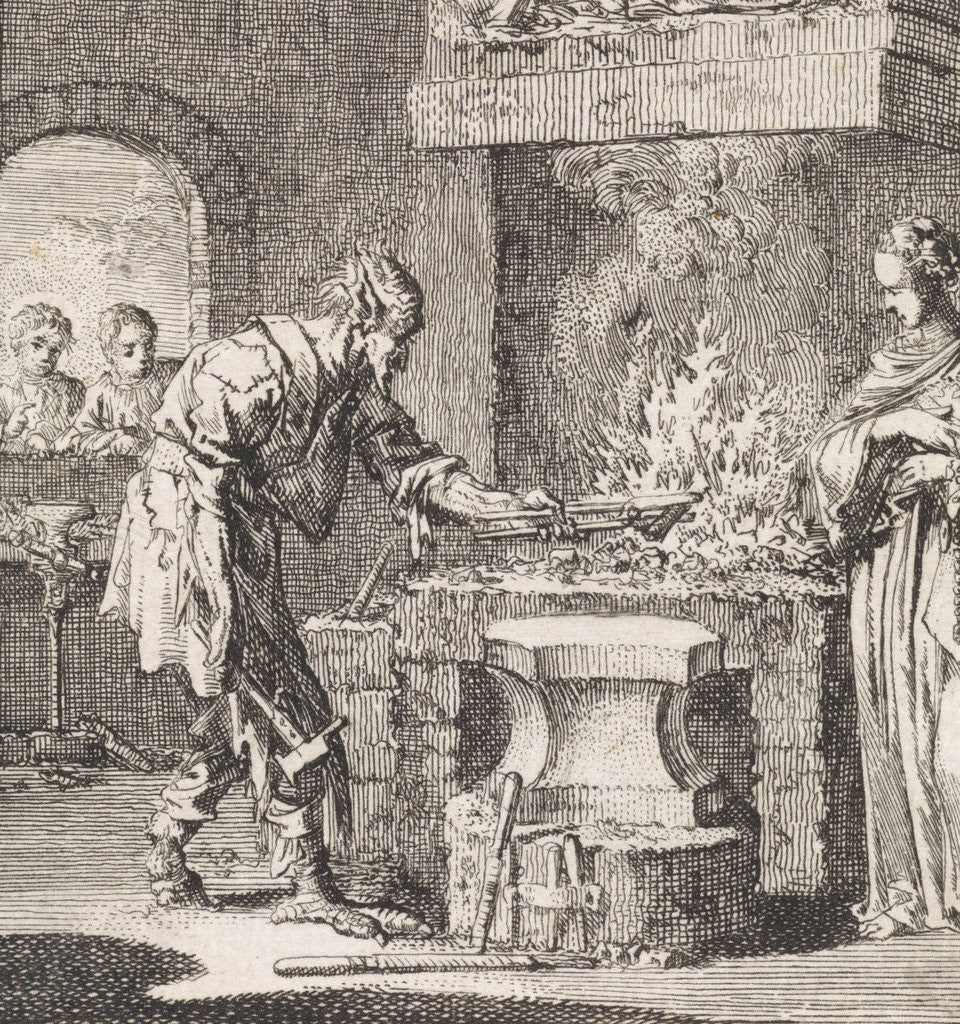 Detail of Lady World and the devil in a smithy by Jan Luyken