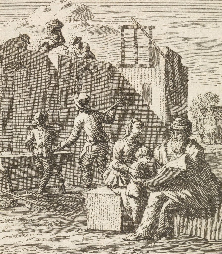 Detail of Grandfather shows his grandchild a leaf while in the background a house is built by Pieter Arentsz II