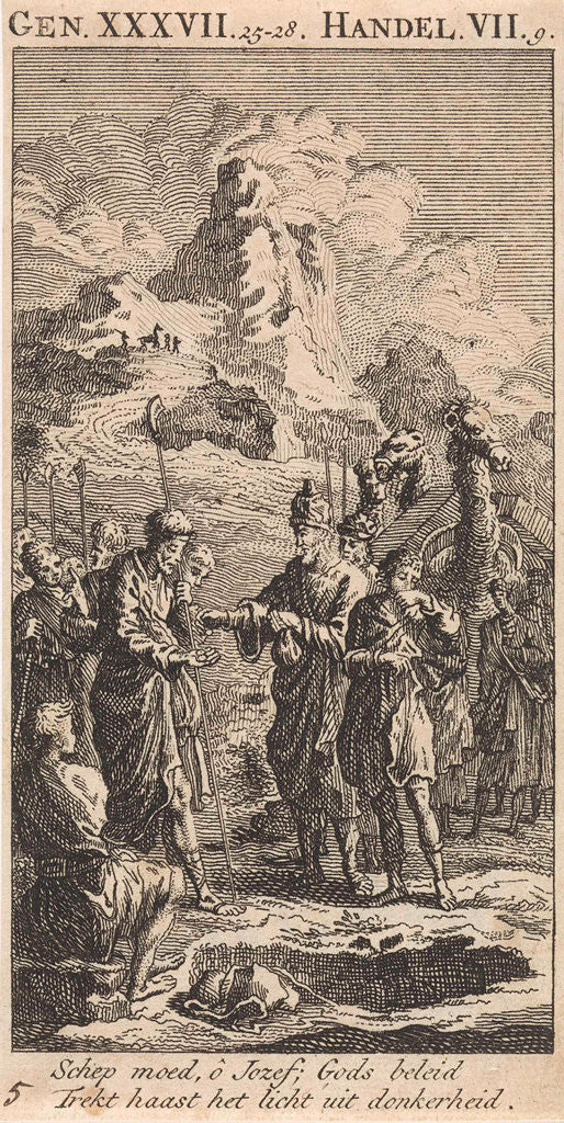 Detail of Joseph is sold by his brothers to merchants in the pit by Jan Luyken