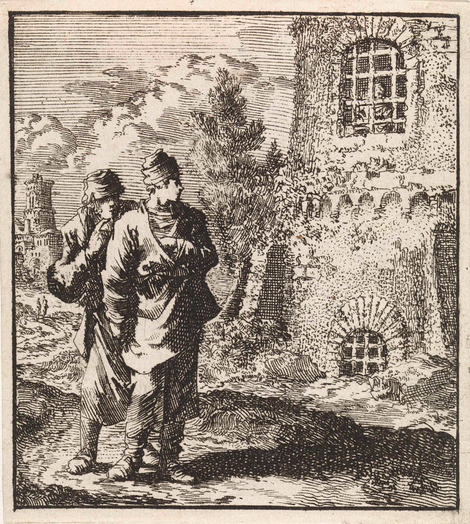 Detail of Two travelers watching a man behind the bars of a prison by Pieter Arentsz & Cornelis van der Sys II