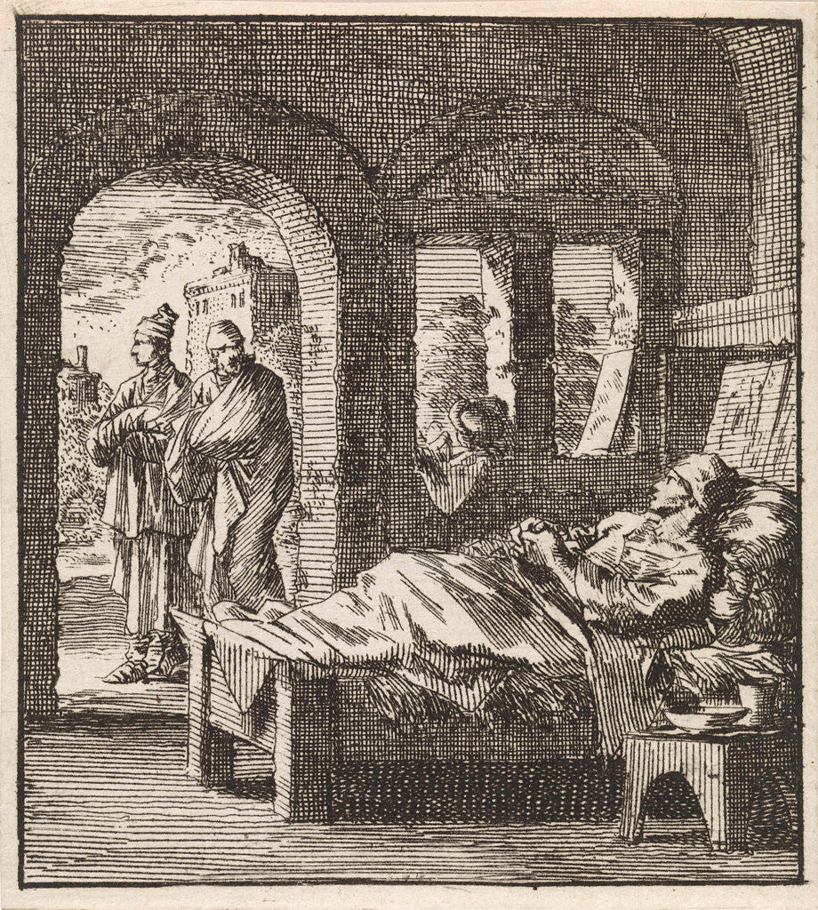 Detail of Sick man is lonely in bed while outside two men walking past by Pieter Arentsz & Cornelis van der Sys II