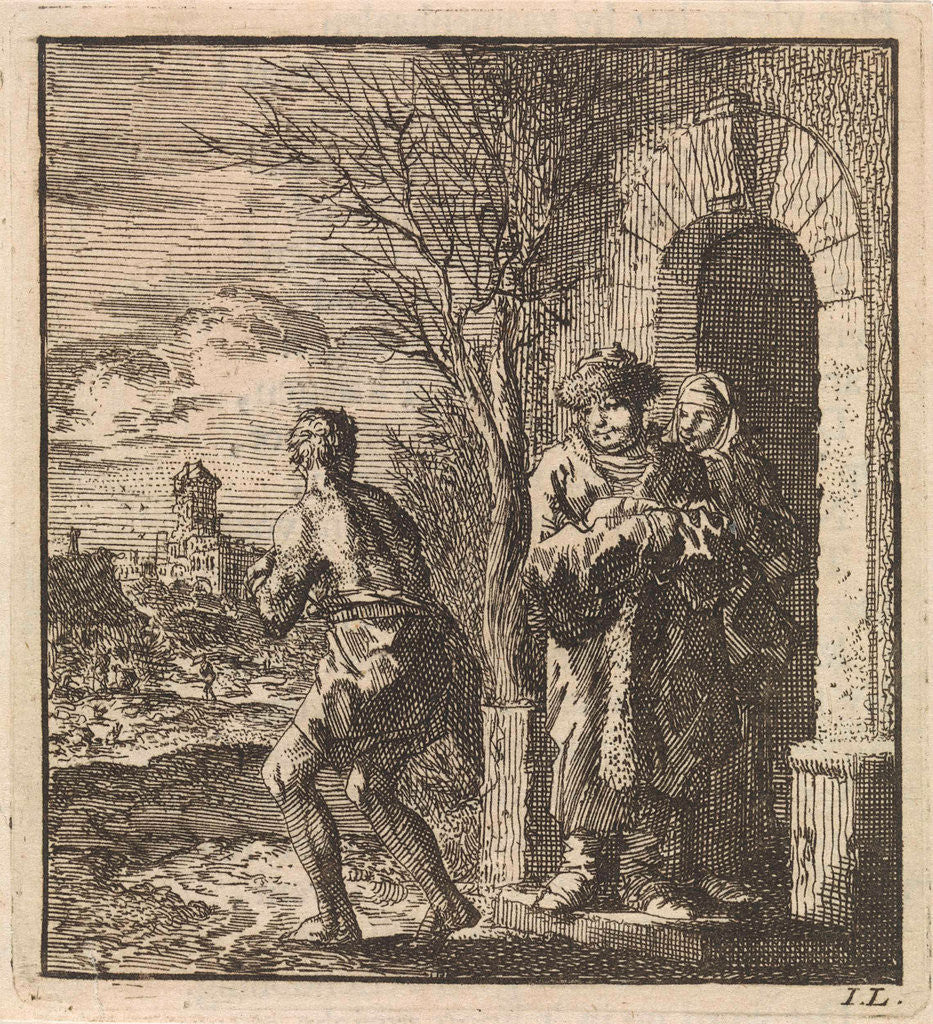 Detail of Man with fur coat and fur hat looking at almost naked man by Pieter Arentsz & Cornelis van der Sys II