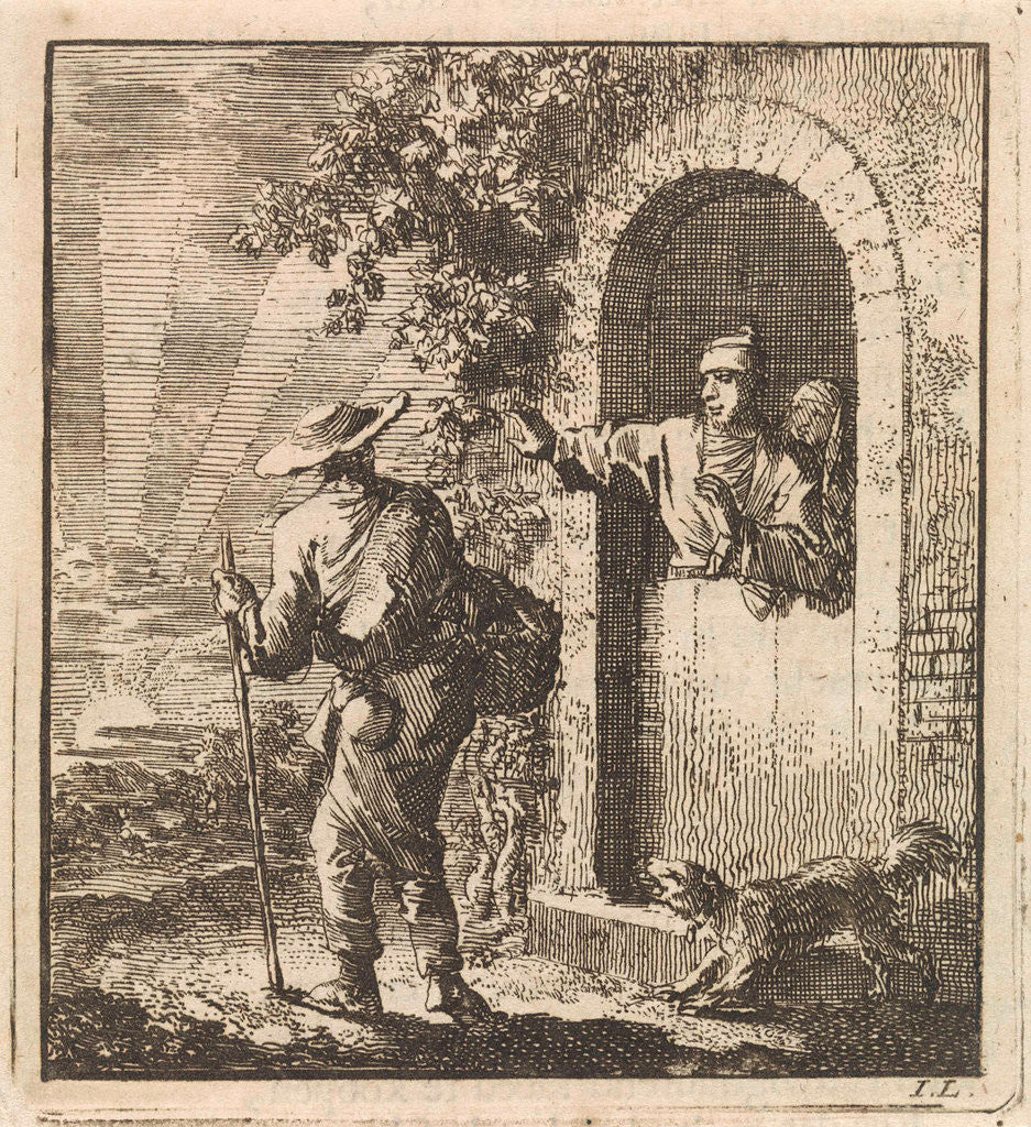 Detail of Men in a doorway gesturing a weary traveler to continue by Pieter Arentsz & Cornelis van der Sys II