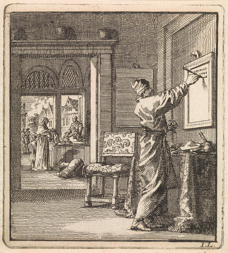 Detail of Man writing from right to left on a slate wall by Pieter Arentsz & Cornelis van der Sys II