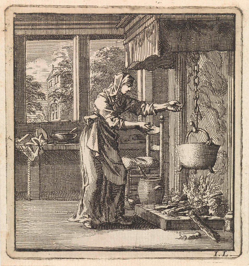 Detail of Woman reaches for the chain from a pot that hangs high above the fire by Pieter Arentsz & Cornelis van der Sys II