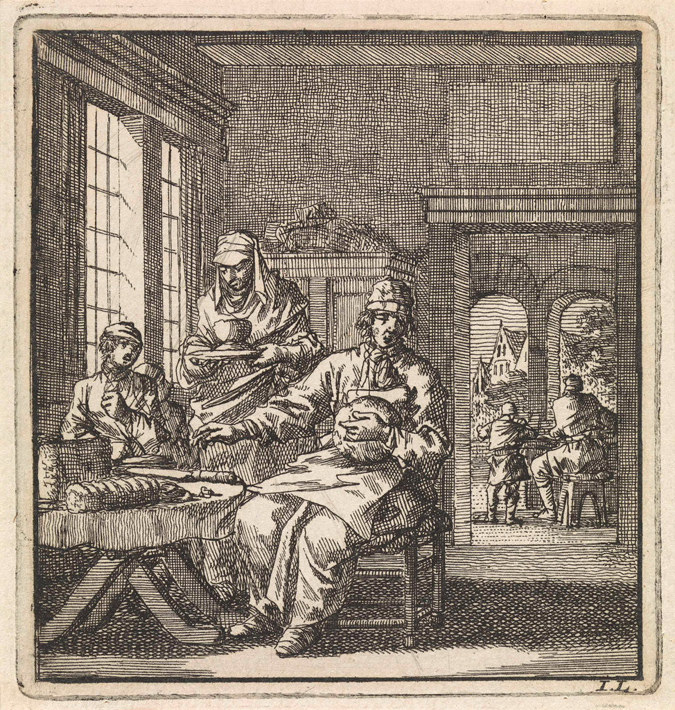 Detail of Figures at a table on which a loaf of bread and a knife can be seen by Pieter Arentsz & Cornelis van der Sys II