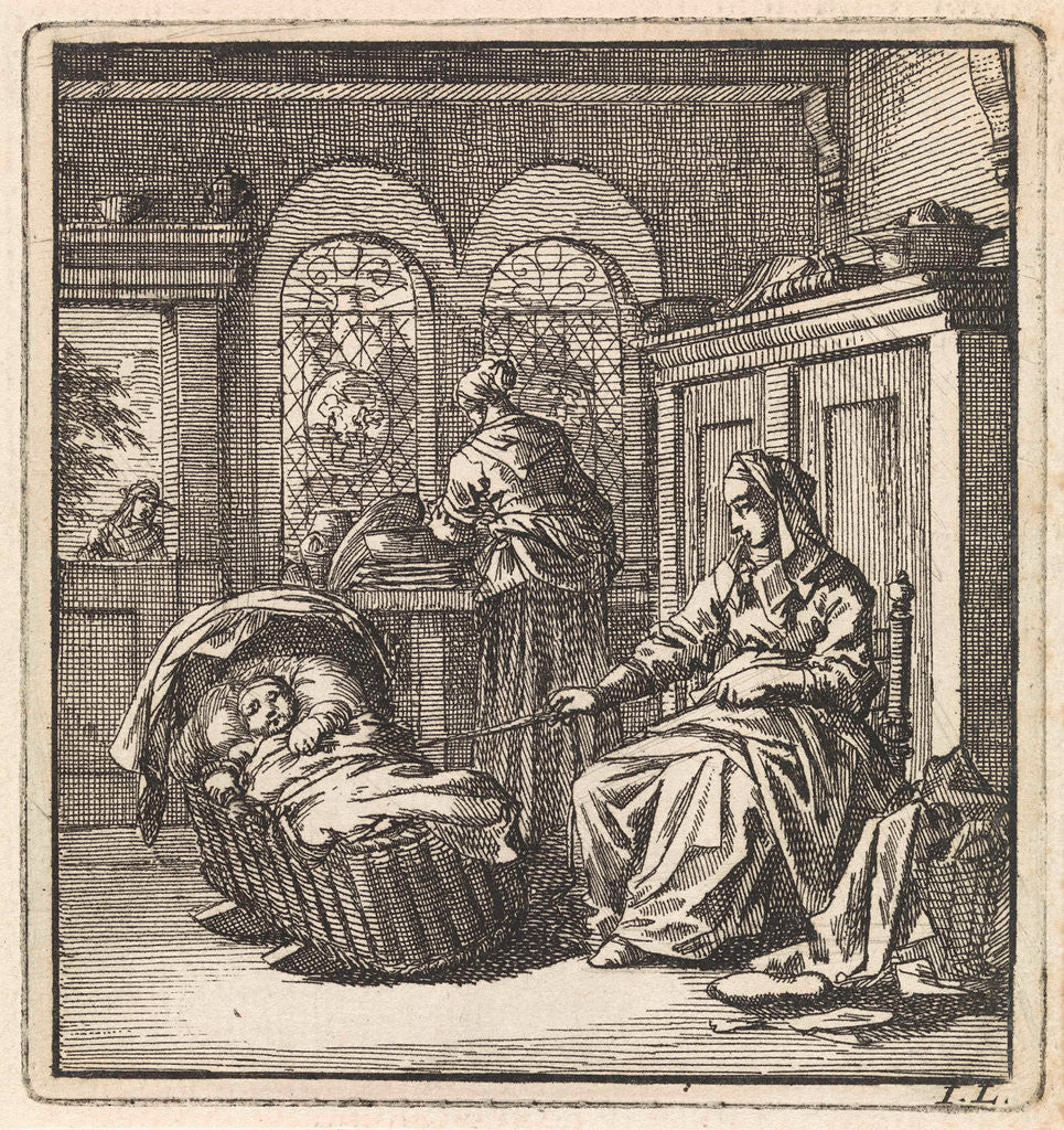 Detail of Woman next to a cradle with a baby by Cornelis van der Sys II