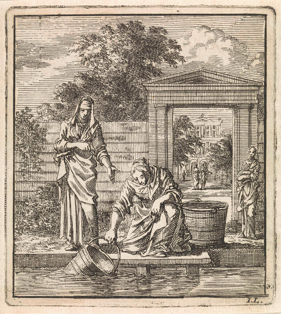 Detail of A woman fills a bucket of water on a jetty by Cornelis van der Sys II