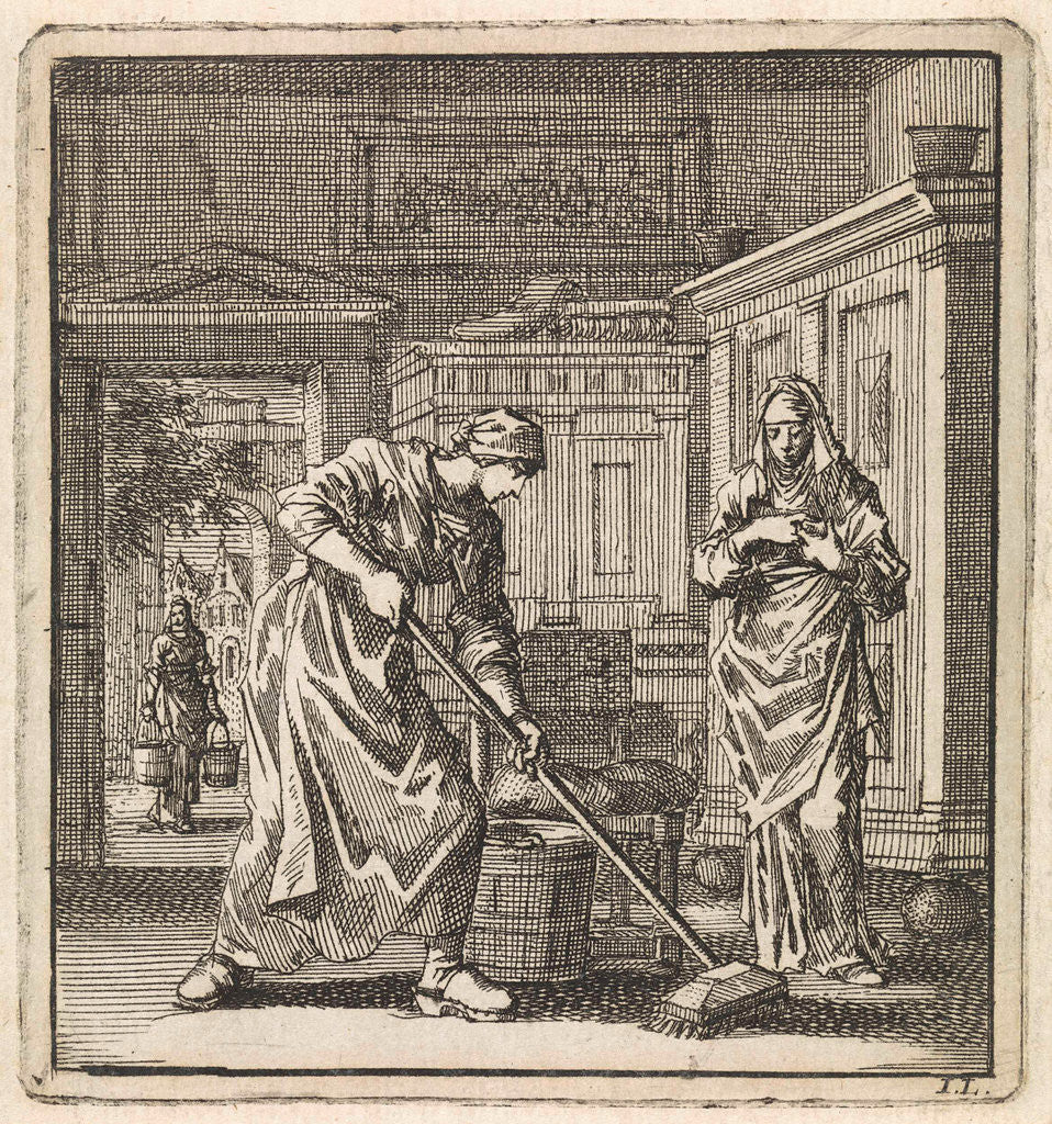 Detail of Female scrubs the floor with a scrubbing brush by Pieter Arentsz & Cornelis van der Sys II