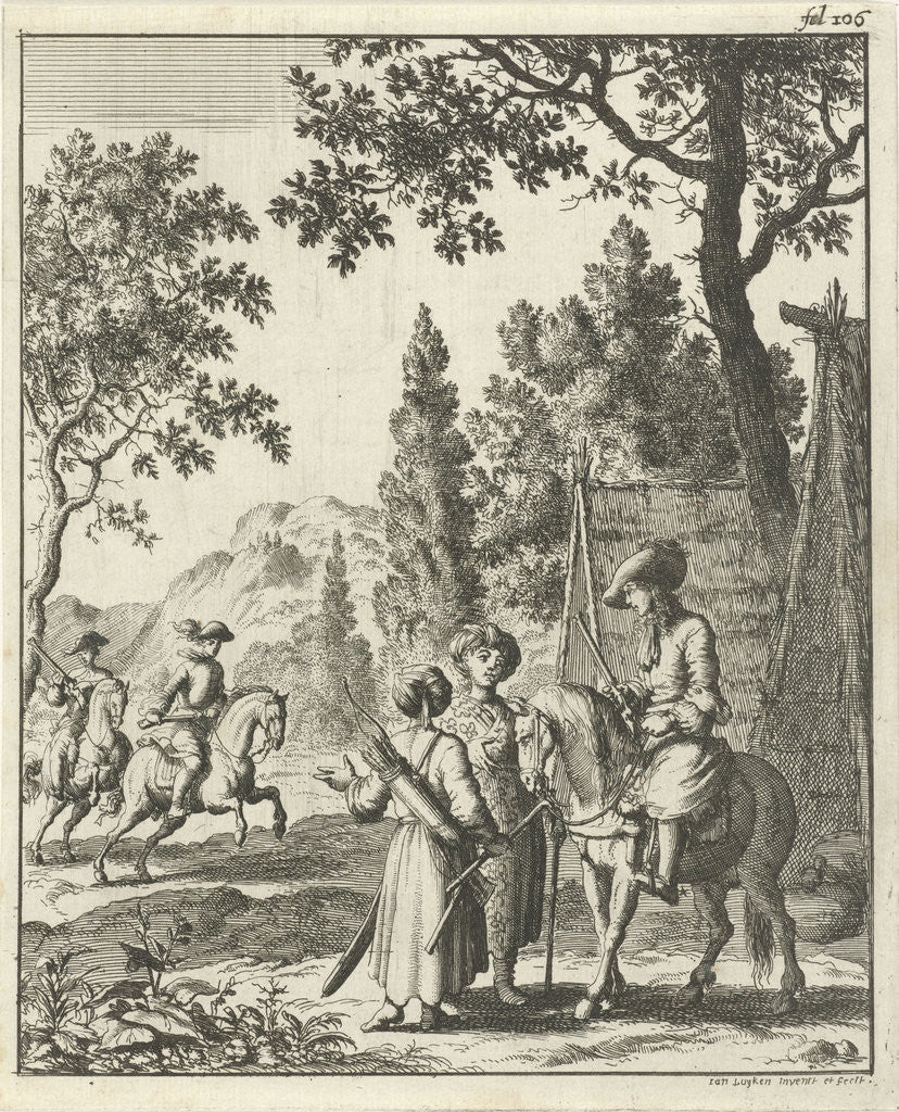 Detail of Road guards in Persia in conversation with the writer Jean de Thevenot by Jan Luyken