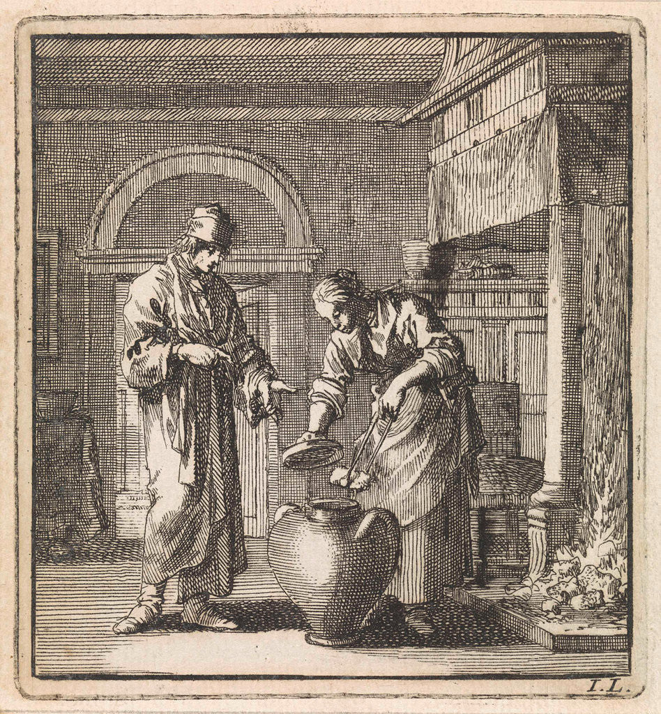 Detail of Woman places a coal in a pot by Pieter Arentsz & Cornelis van der Sys II
