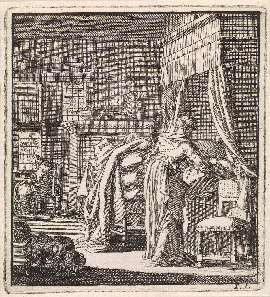 Detail of Woman collects a bed sheet by Pieter Arentsz & Cornelis van der Sys II