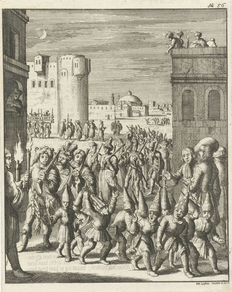 Detail of Procession of the shoemaker guild at Aleppo, preceded by a group of guys with paper pointed hats by Jan Luyken