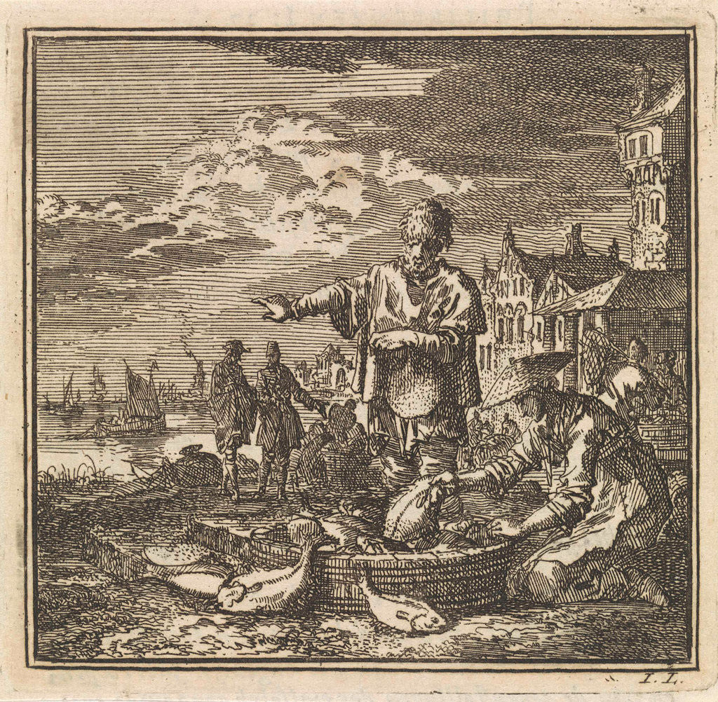 Detail of Fisher and his wife and a tub full of fish by Arentsz Pieter Cornelis van der Sys II