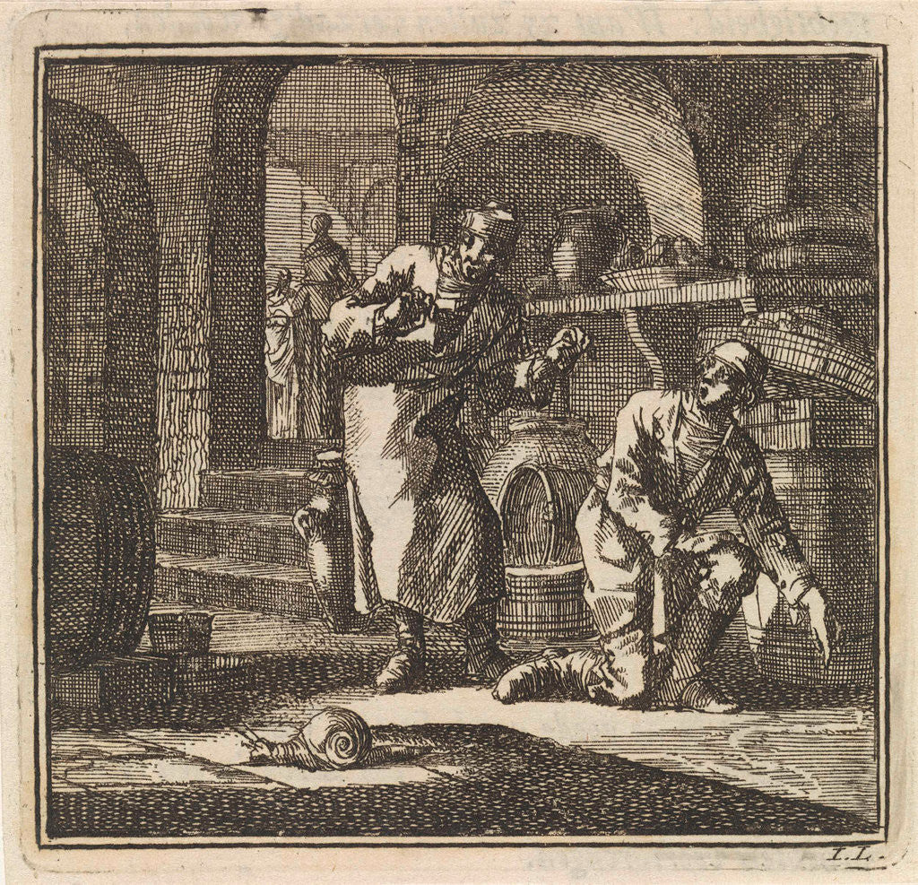 Detail of In a basement two men are looking at the trail of a snail by Pieter Arentsz & Cornelis van der Sys II