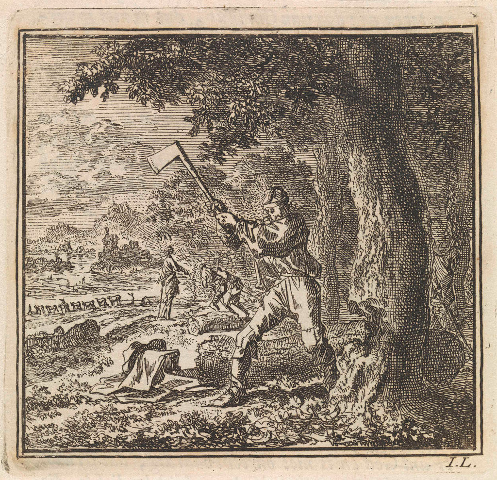 Detail of Lumberjack is working to cut down a tree by Pieter Arentsz & Cornelis van der Sys II