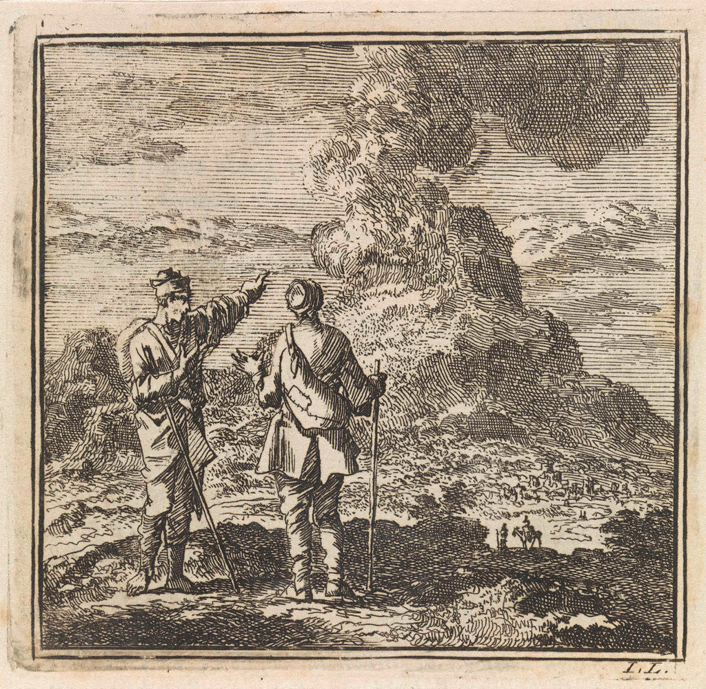 Detail of Two hikers looking at the smoking Etna, Italy by Pieter Arentsz & Cornelis van der Sys II