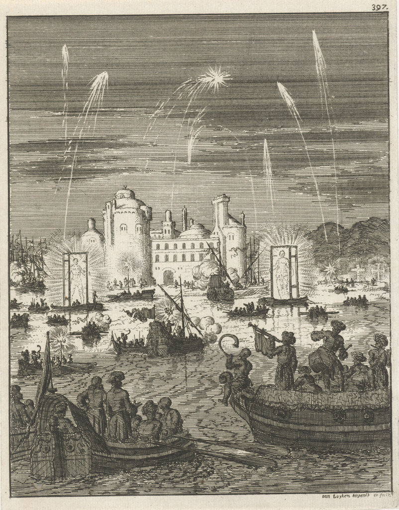 Detail of Fireworks and gondolas in Cairo, Egypt by Jan Luyken
