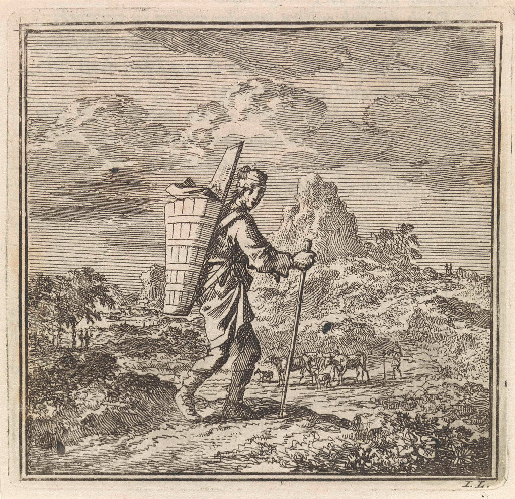 Detail of Hiker with a piece and a carrying basket in a hilly landscape by Pieter Arentsz & Cornelis van der Sys II