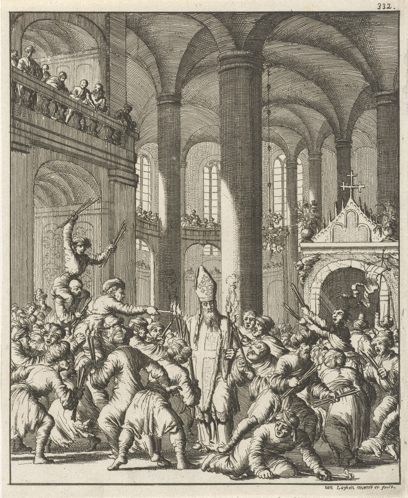 Detail of Distribution of the sacred fire during Easter in the Holy Sepulchre in Jerusalem by Jan Luyken