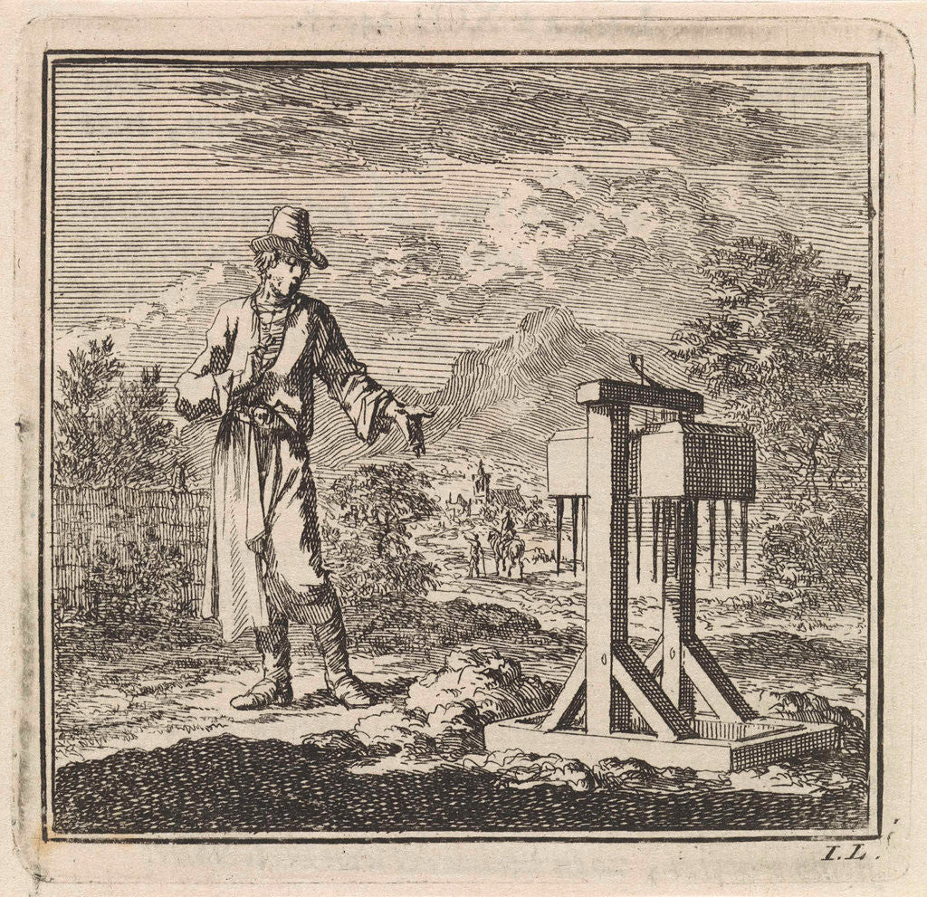 Detail of Man points at a mole trap by Pieter Arentsz & Cornelis van der Sys II