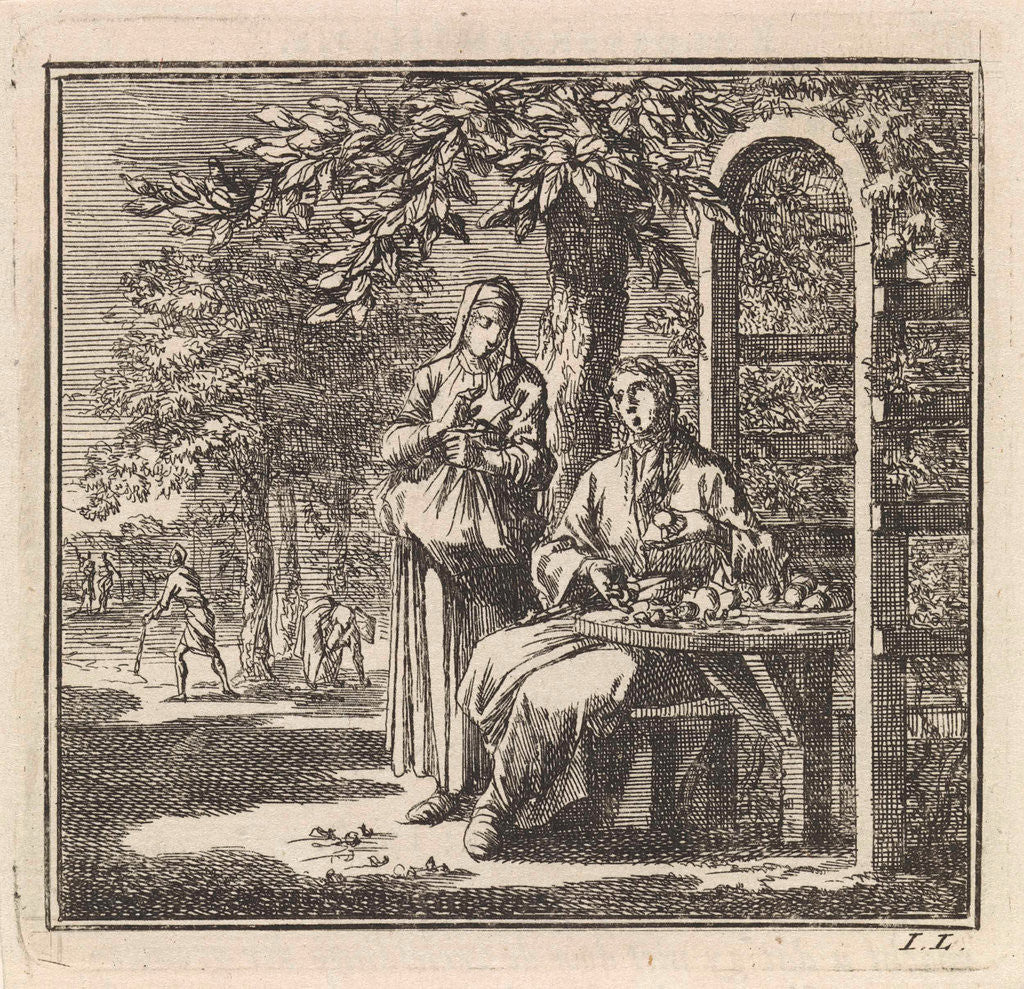 Detail of Man shows different notes to a woman by Pieter Arentsz & Cornelis van der Sys II