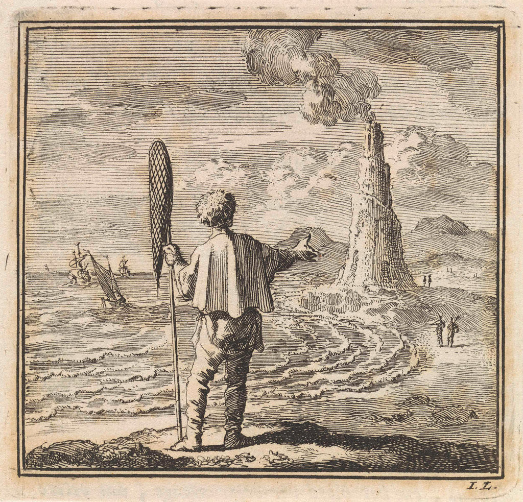 Detail of Beach scene with a man who points to a smoking lighthouse by Pieter Arentsz & Cornelis van der Sys II