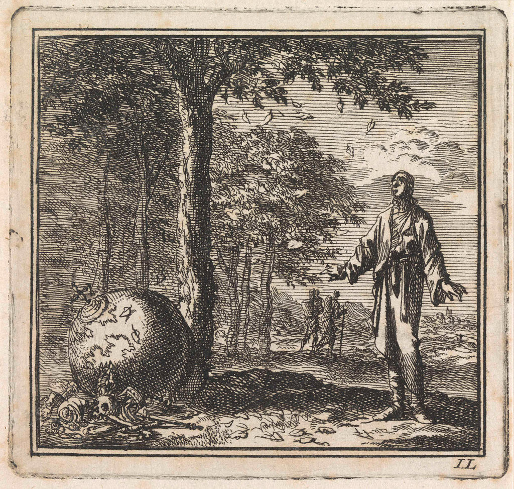 Detail of Man sees a tree which is losing its leaves, next to which lies a globe among bones by Pieter Arentsz & Cornelis van der Sys II