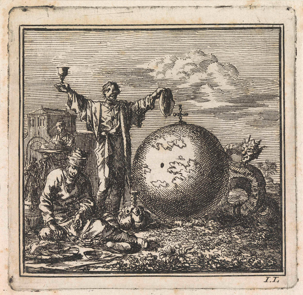 Detail of Two men enjoy food and drink while Satan is watching from behind the globe by Pieter Arentsz & Cornelis van der Sys II