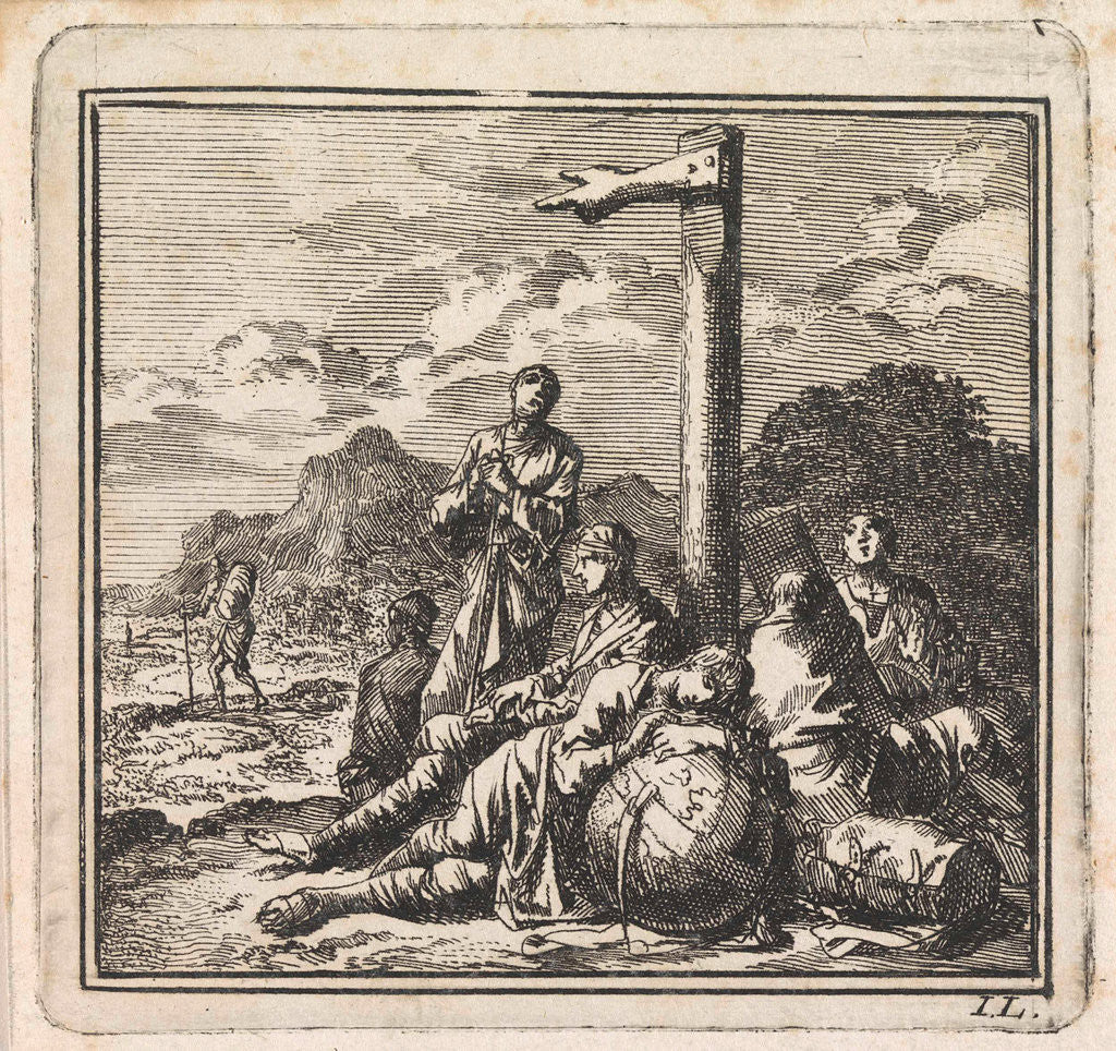 Detail of Six figures near a globe at a signpost by Pieter Arentsz & Cornelis van der Sys II