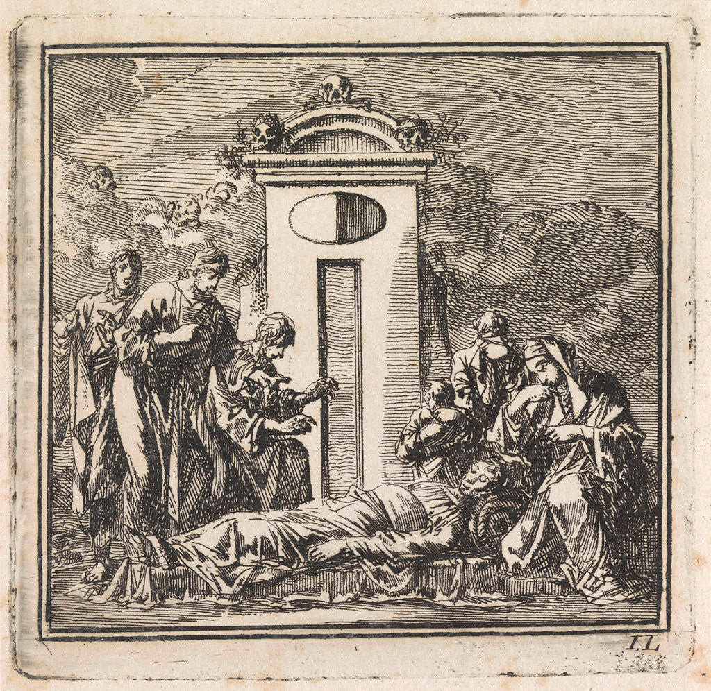 Detail of Six people mourn a dead person by Pieter Arentsz & Cornelis van der Sys II