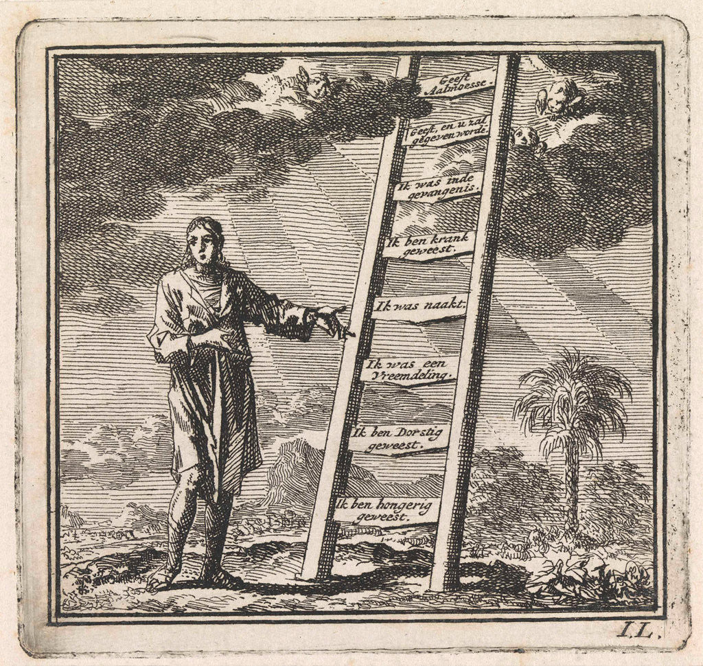 Detail of Man points to a ladder reaching to heaven by Pieter Arentsz & Cornelis van der Sys II