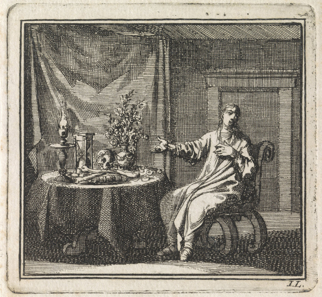 Detail of Woman pointing at the vanitas symbols on the table before her by Pieter Arentsz & Cornelis van der Sys II