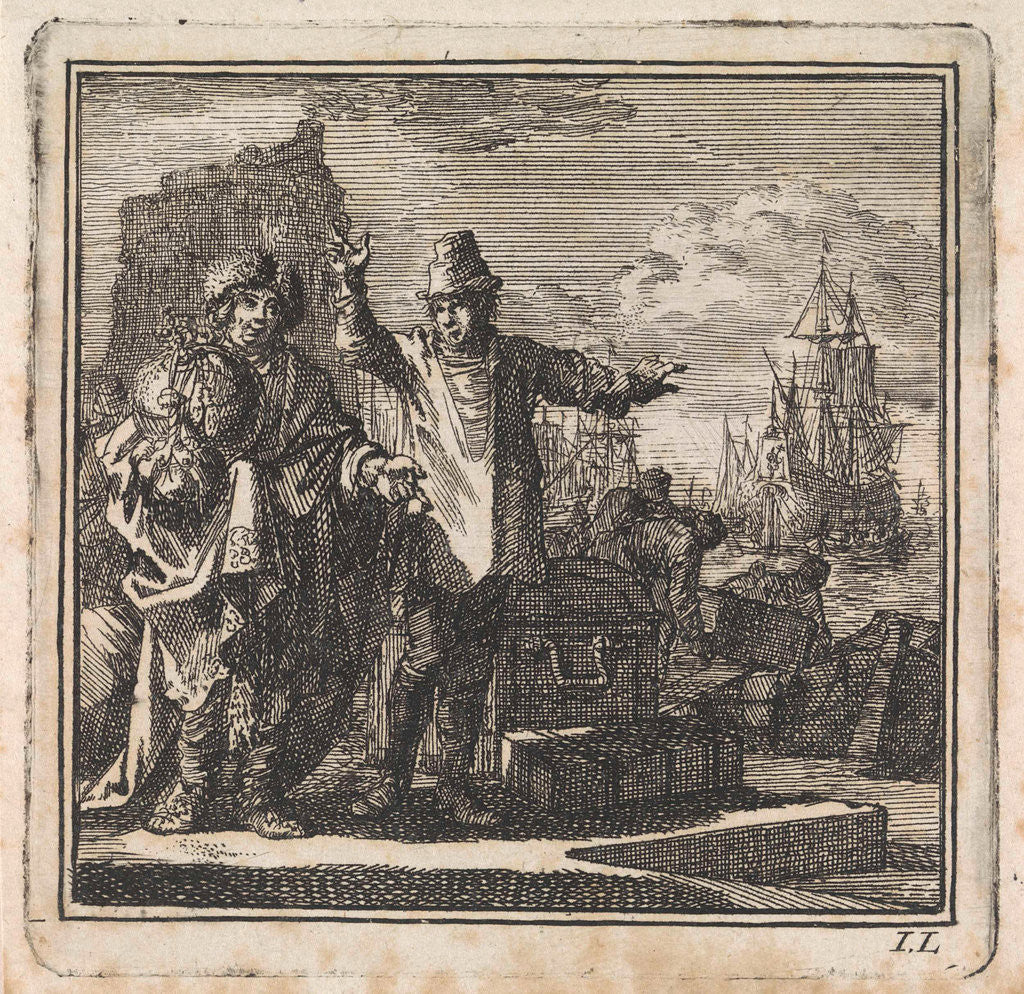 Detail of Conversation in a harbour between a man with a globe in his hands and a poorly dressed man with treasures by Pieter Arentsz & Cornelis van der Sys II