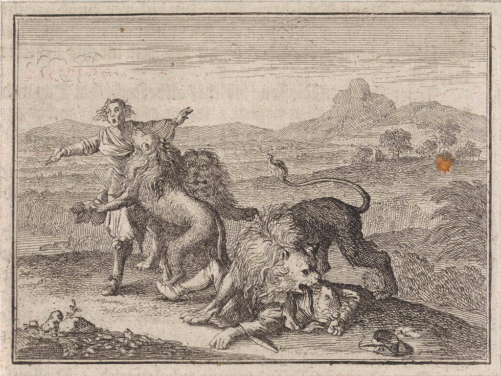 Detail of Two Abyssinian nobles being devoured by lions on the field that they ruined during their hunting by Frantz Martin Hertzen