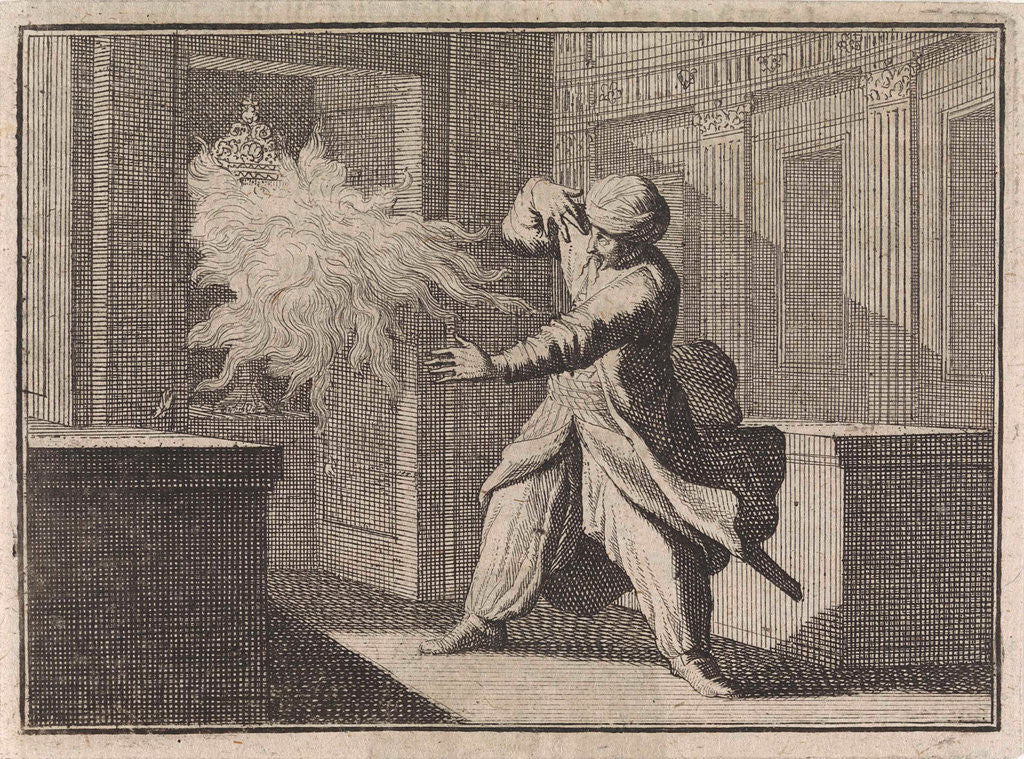 Detail of Oriental man looks out of curiosity in a closet at a host chalice, from which as punishment a flame bursts out by Frantz Martin Hertzen