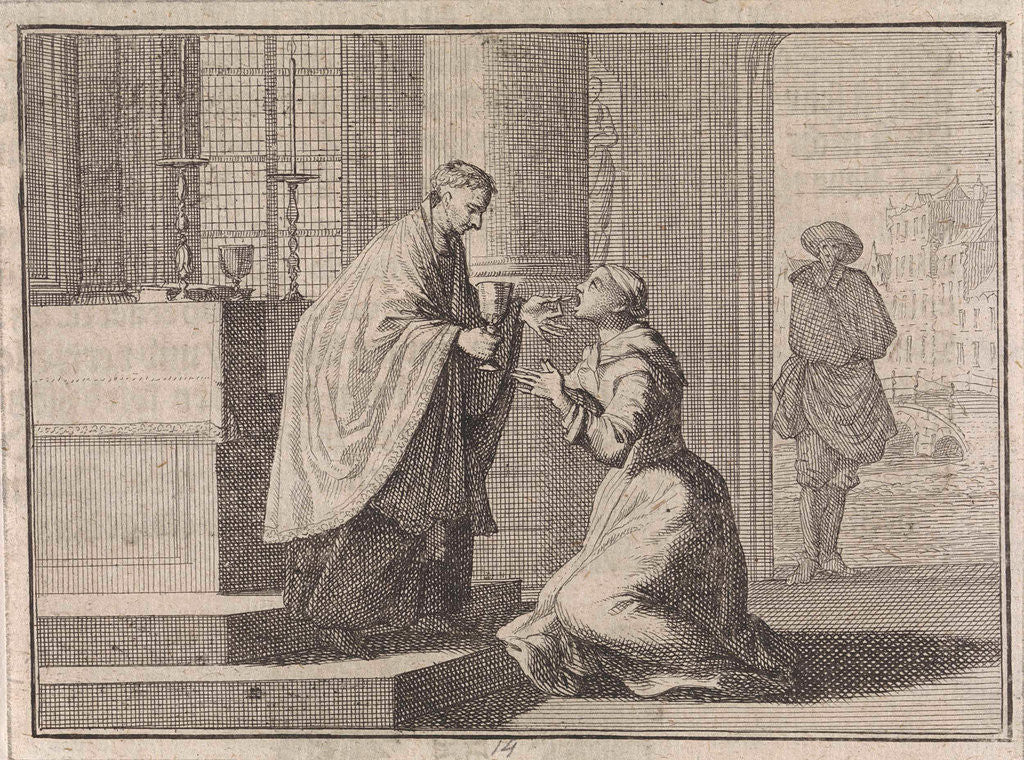 Detail of Priest gives a host to a woman kneeling before the altar by Frantz Martin Hertzen