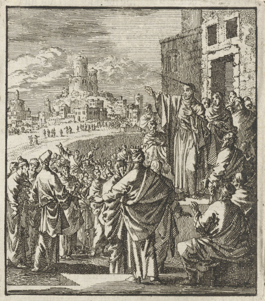 Detail of Peter preaches on doorstep of a home by Barent Visscher