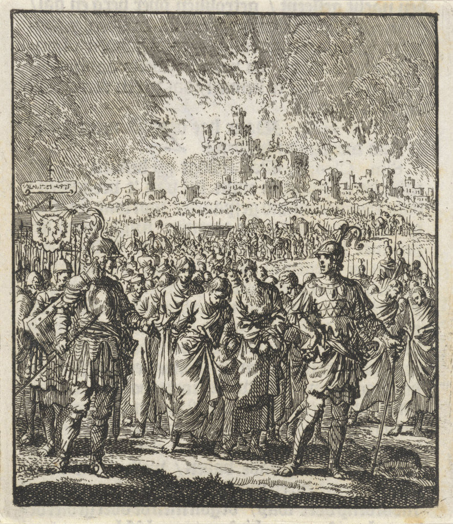 Detail of Israelites leave Jerusalem, which is burning by Barent Visscher
