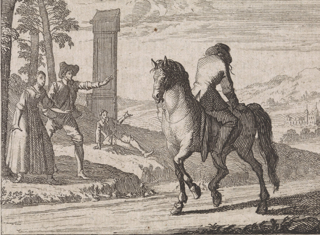 Detail of Nobleman who has gone insane sitting backwards on a horse by Christoph Weigel