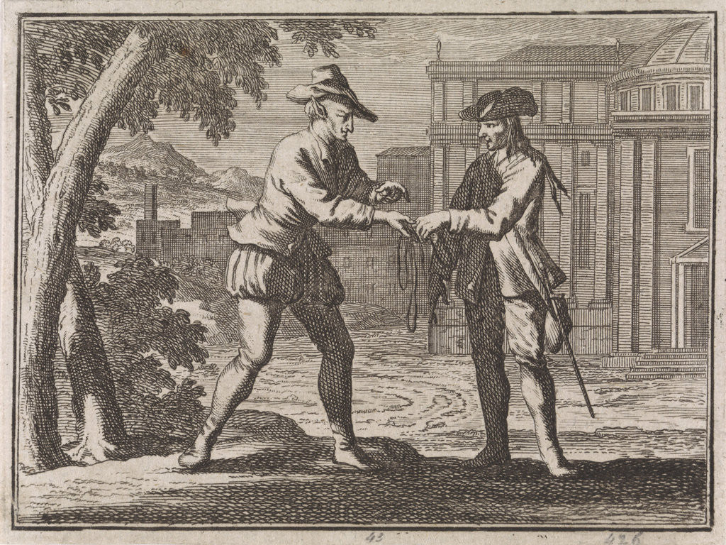 Detail of Devil handing a piece of string to a nobleman who has become poor by Christoph Weigel
