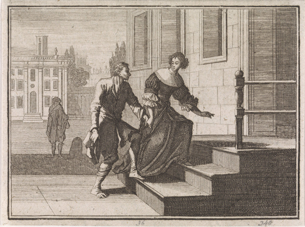 Detail of Wealthy woman leading a beggar up the doorstep of her home by Christoph Weigel