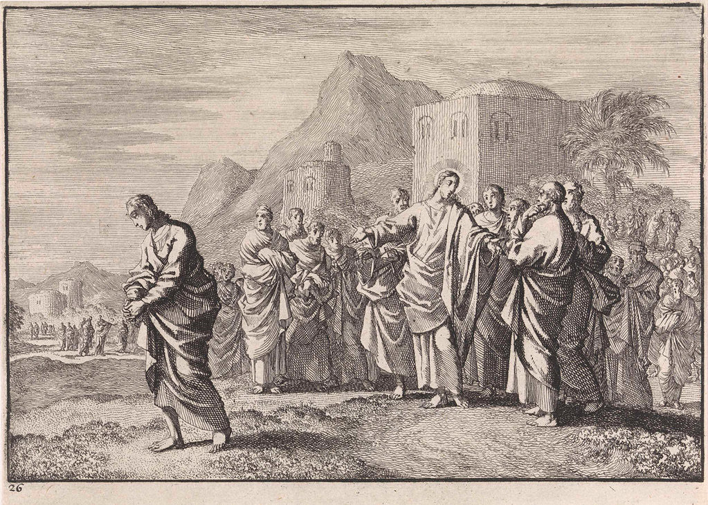 Detail of Christ gives advice to a rich young man by Jan Luyken