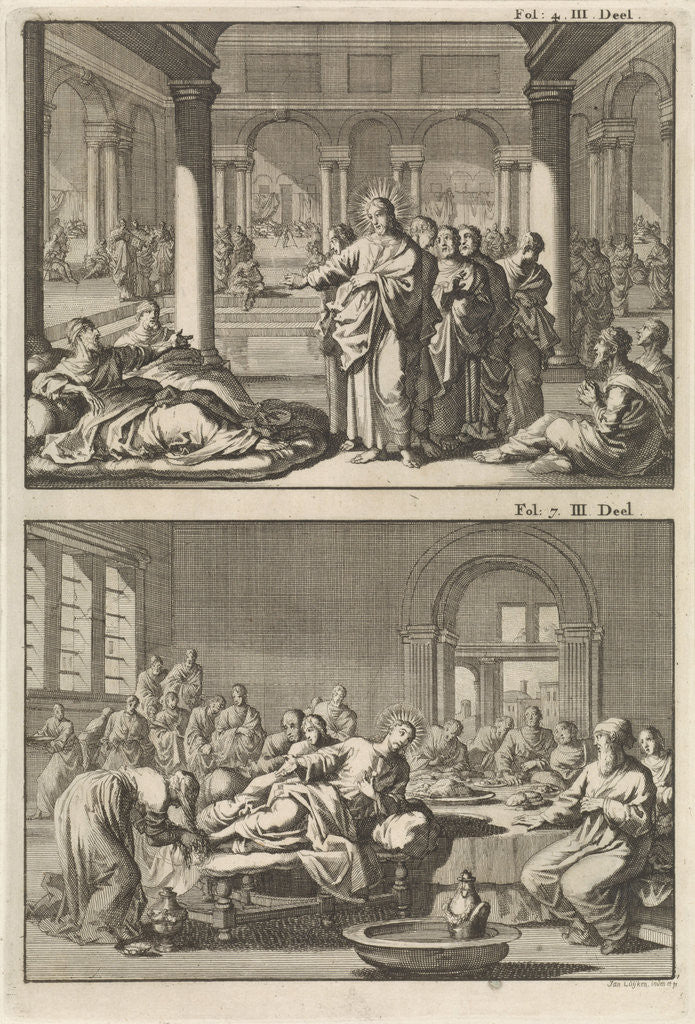 Detail of Christ and his disciples at the bathhouse of Siloam and Christ as the guest of Simon the Pharisee by Willem Broedelet